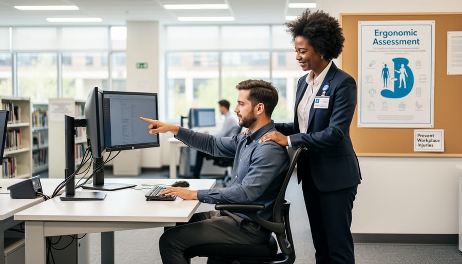 Occupational health specialist conducting ergonomic workspace assessment for university employee at computer workstation