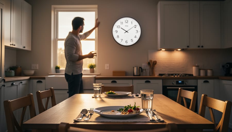 Person holding tea mug next to empty dinner plate signaling end of daily eating window