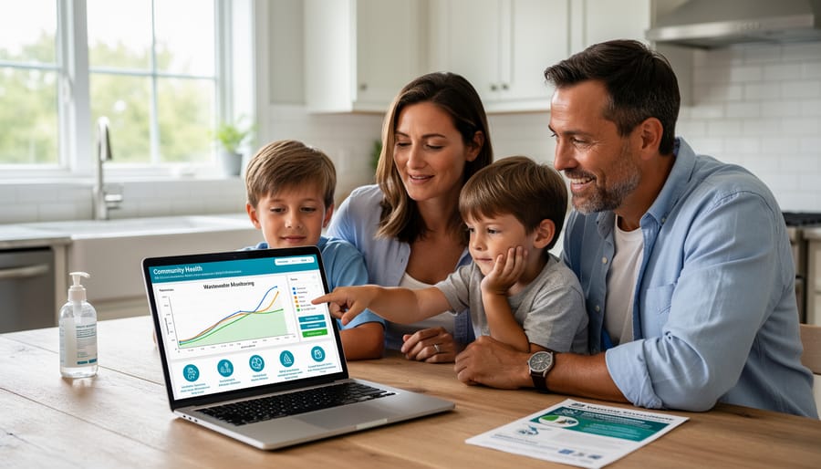 Family reviewing public health information together on laptop at home