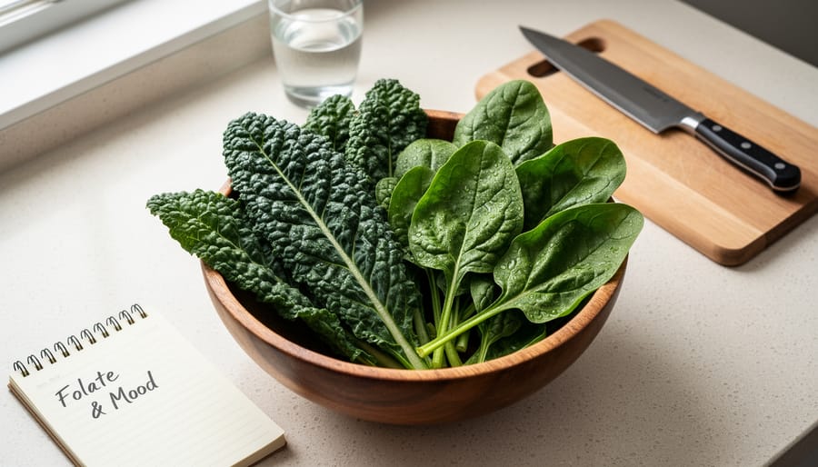 Hands holding fresh kale and spinach leaves at farmers market