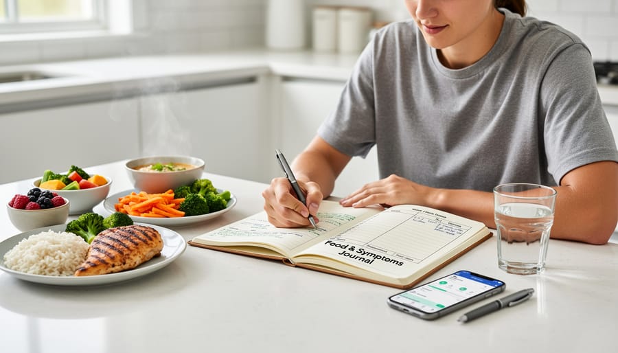 Person holding food and symptom journal with smartphone showing nutrition app nearby