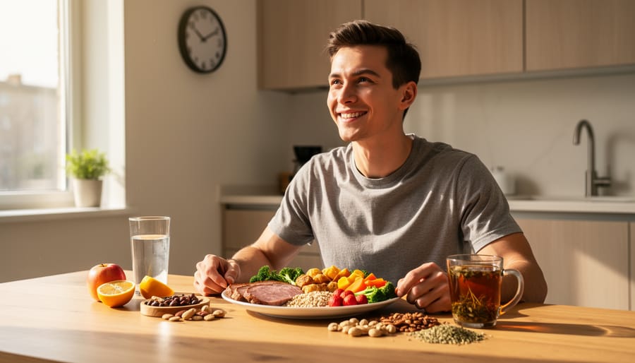 Healthy balanced lunch plate with salmon and vegetables on wooden dining table