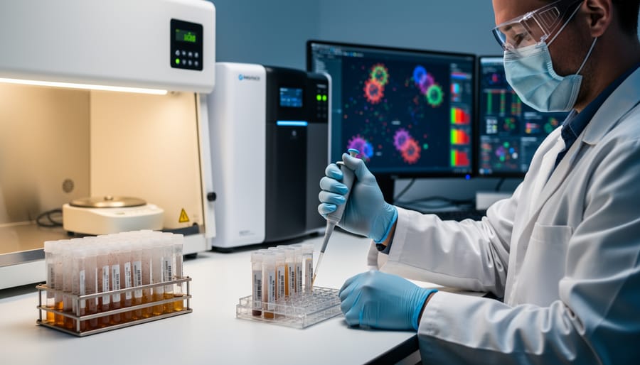Laboratory technician analyzing wastewater samples for COVID virus detection and variant identification