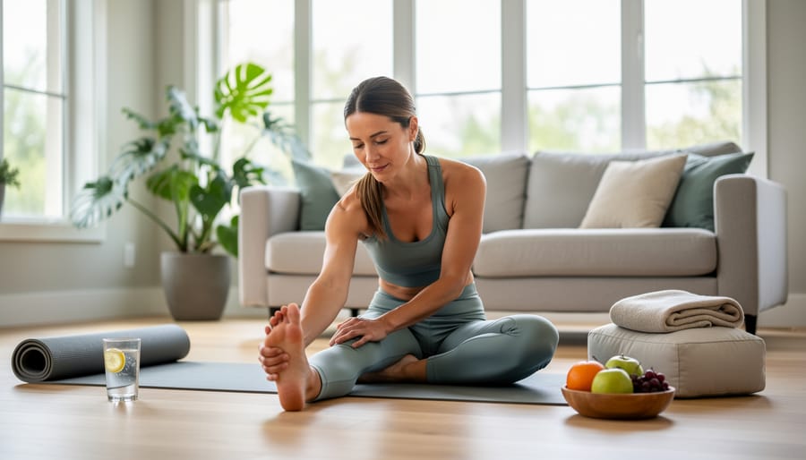 Woman performing gentle yoga stretch on mat in sunlit room