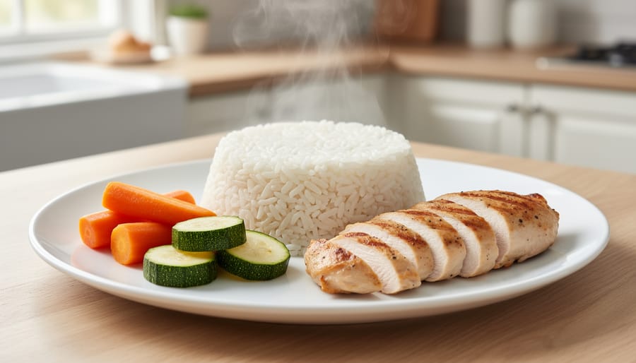 Bowl of gentle low-residue foods including rice porridge, cooked carrots, and chicken
