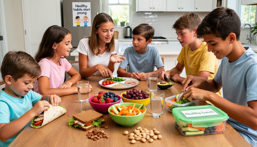 Three young girls enjoying a variety of healthy foods including vegetables, fruits, and whole grains at a kitchen table
