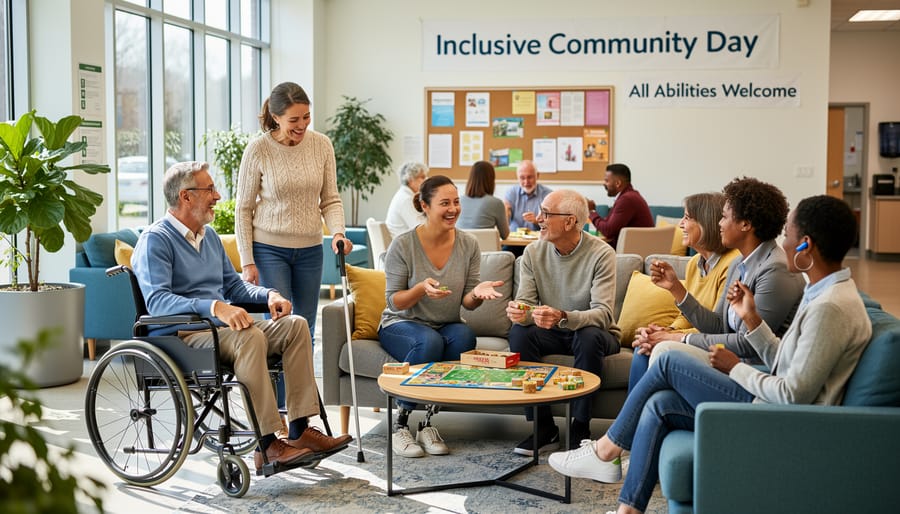 Diverse group including person in wheelchair and seniors enjoying conversation together on park bench