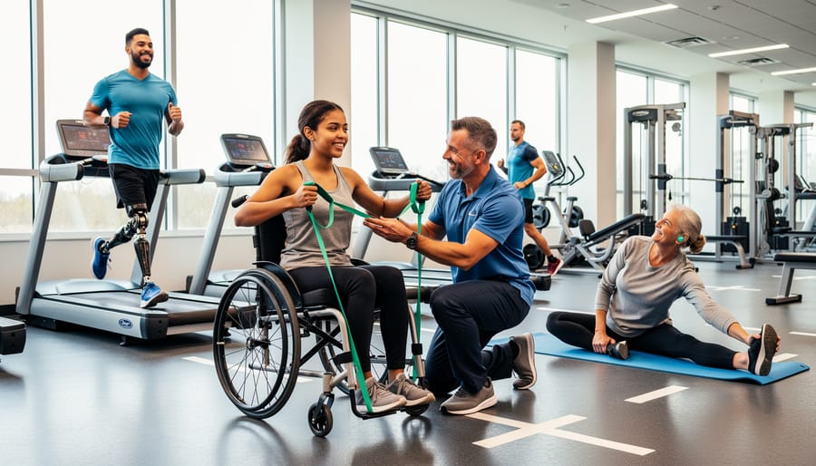 Woman with hearing aid participating in inclusive community fitness class