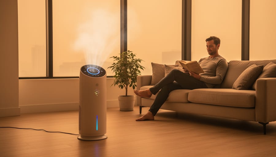 Air purifier operating in bright living room with houseplants nearby
