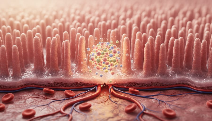 Microscopic view of intestinal tissue showing cellular structure where L cells are located