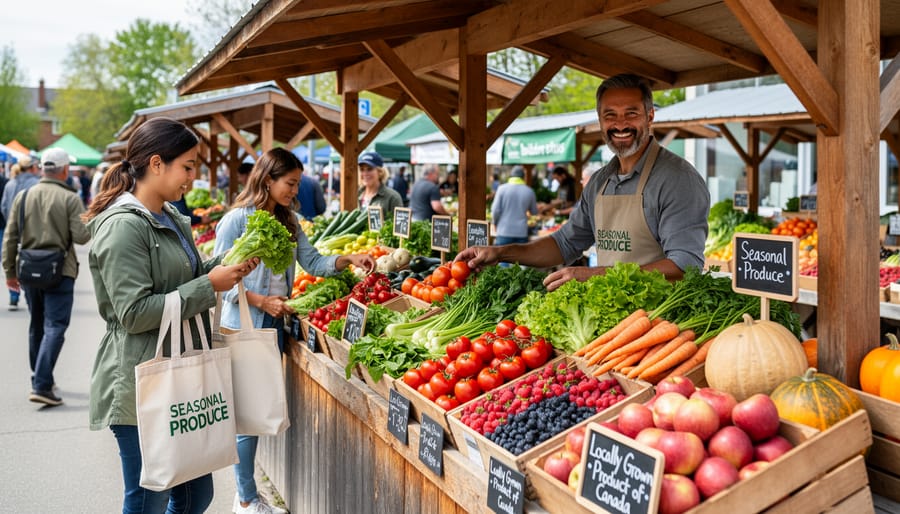 Person holding reusable bag filled with fresh local vegetables at farmers market