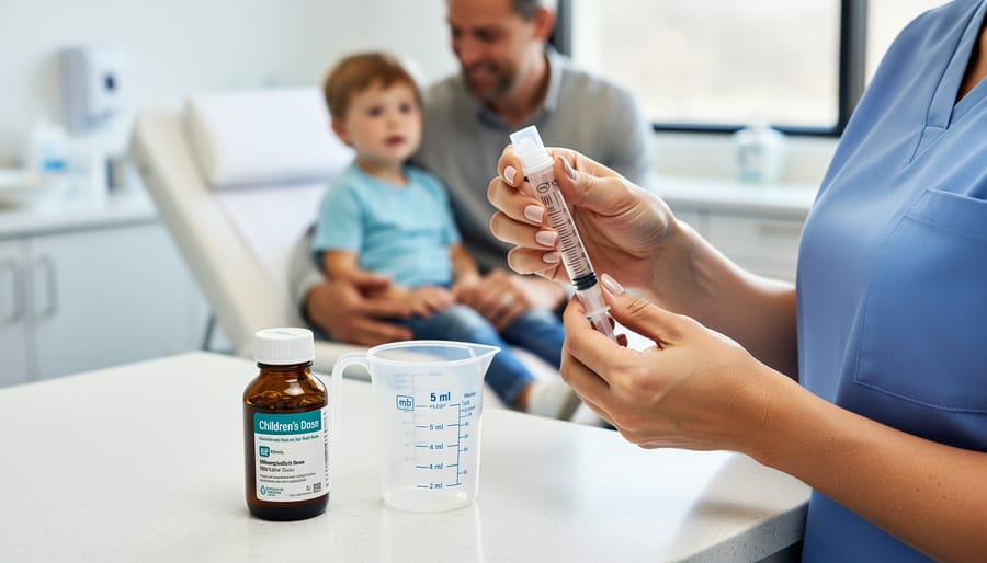Father carefully measuring liquid medication with oral syringe for young child