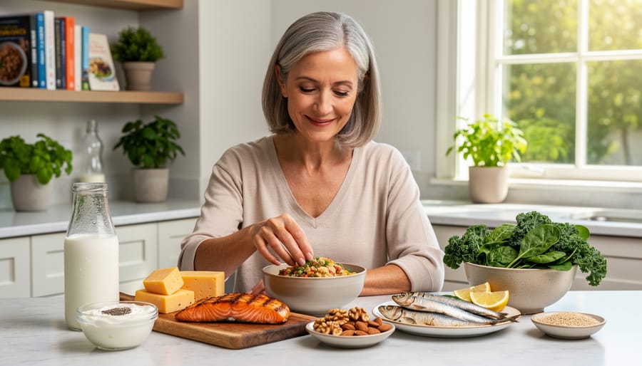 Woman in her fifties enjoying a nutritious meal with salmon, vegetables, and healthy fats at outdoor cafe