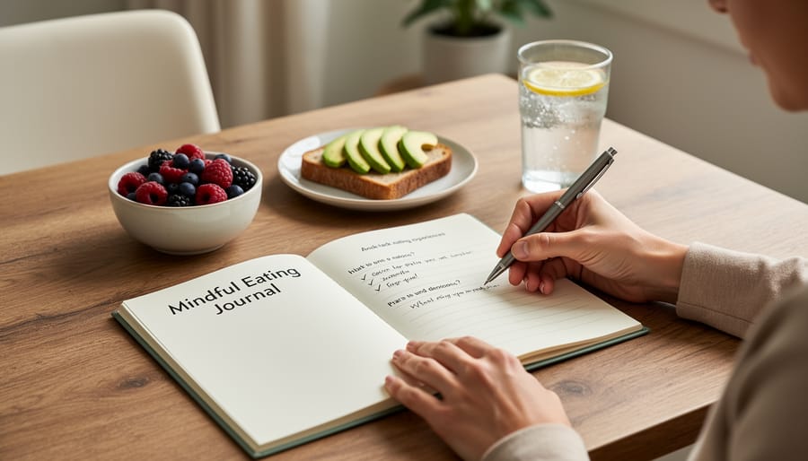 Overhead view of blank journal and pen next to a healthy breakfast plate on wooden table