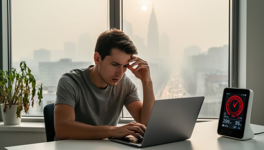 Woman looking fatigued sitting by window with visible air pollution outside