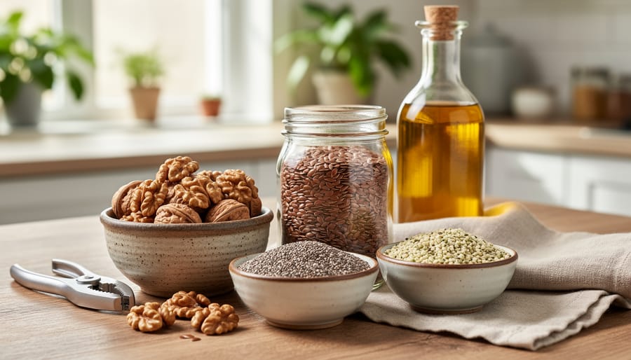 Close-up of omega-3 rich plant foods including walnuts, chia seeds, flaxseed, and hemp seeds