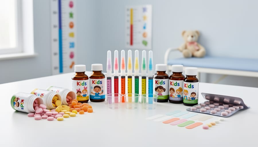 Assortment of different pediatric medication formulations including liquids, tablets, and chewables