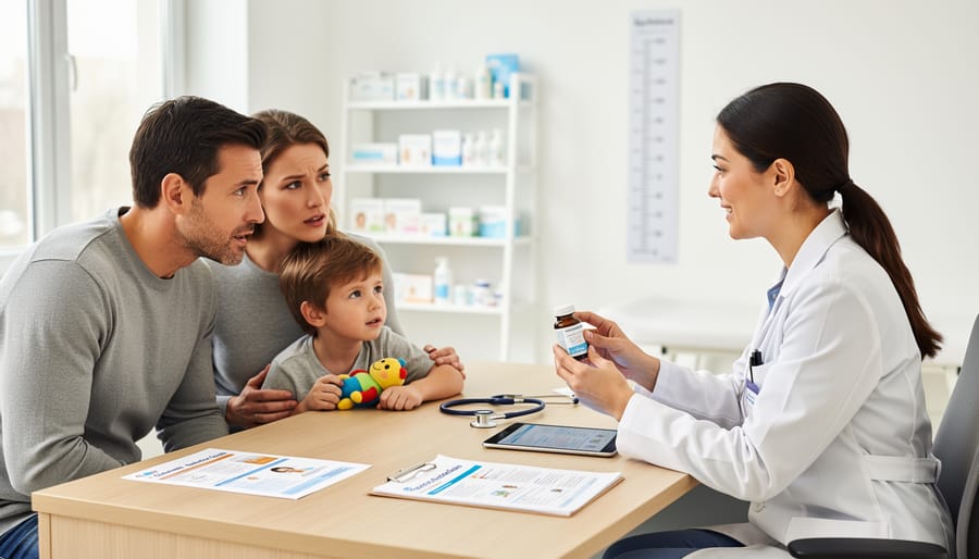 Pediatrician consulting with parents about pediatric medication options in medical office