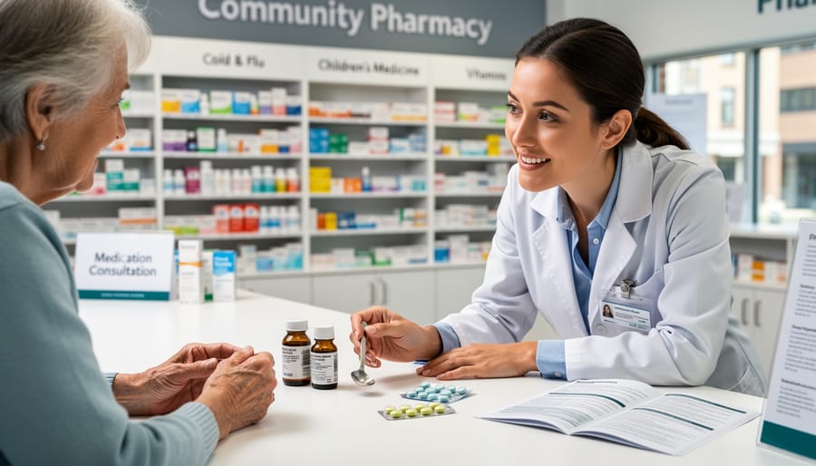 Pharmacist consulting with mother and child about pediatric medication options in pharmacy