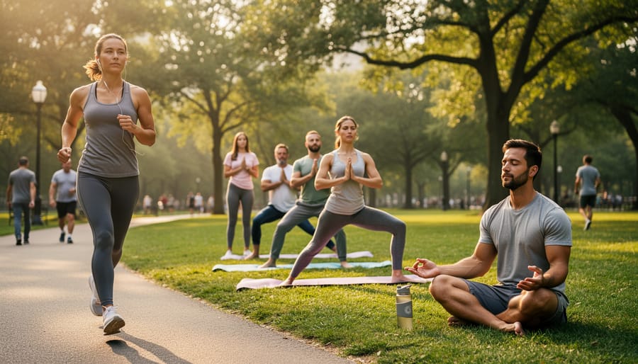 Person practicing yoga outdoors by lake at sunrise representing wellness and recovery