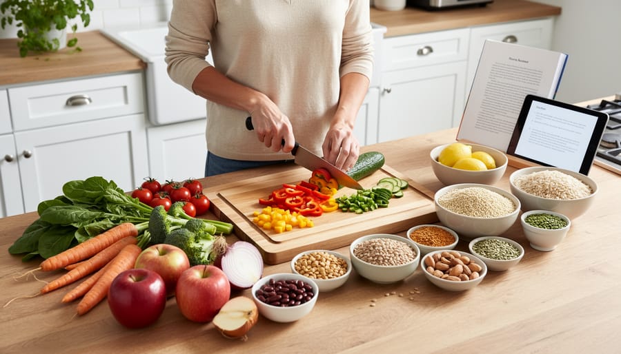 Person preparing fresh vegetables and plant-based ingredients in home kitchen