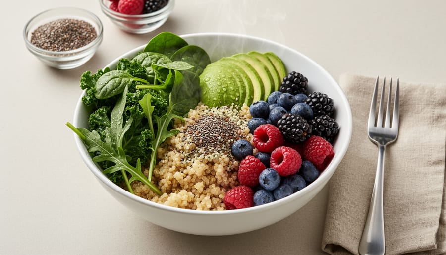 Overhead view of colorful plant-based Buddha bowl with greens, grains, legumes, and berries