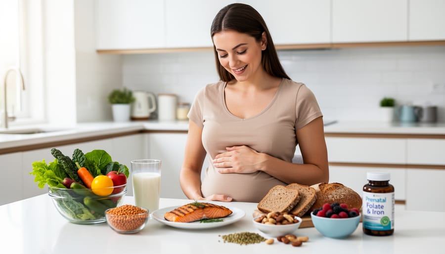 Pregnant woman preparing healthy meal with fresh vegetables and nutritious ingredients in kitchen