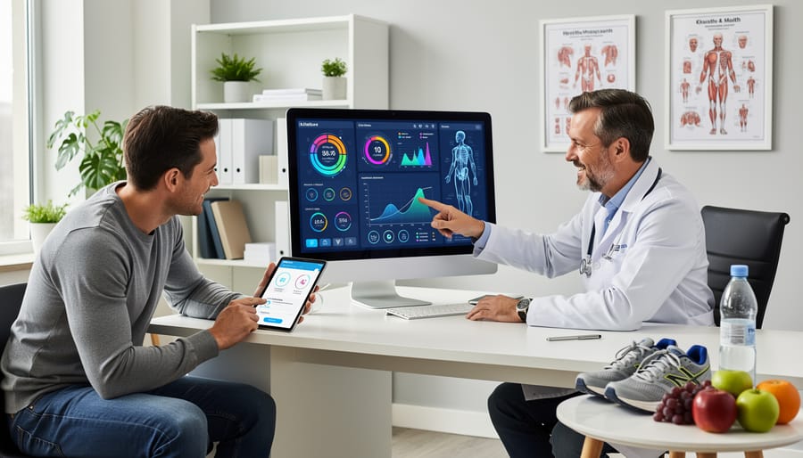 Woman using health monitoring app on smartphone in home setting