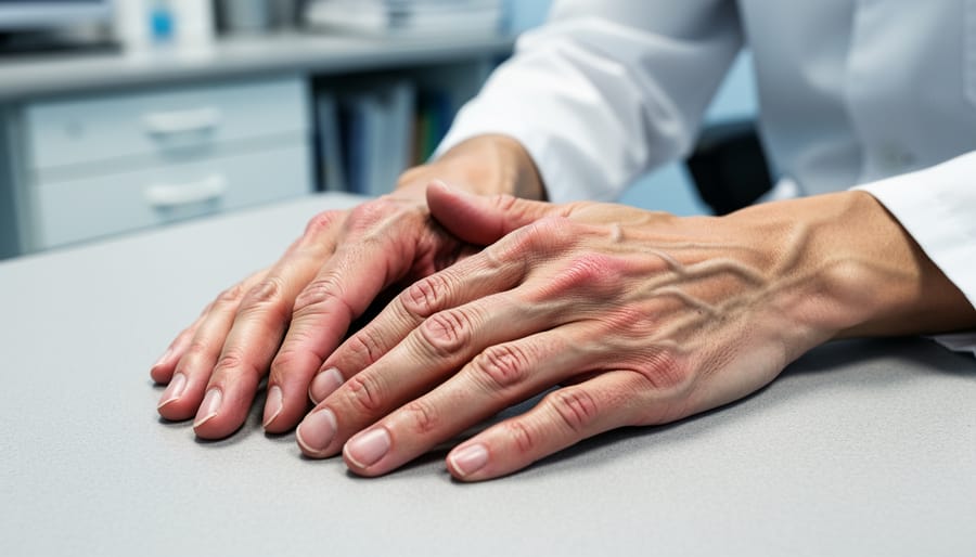 Close-up of hands showing swollen finger joints characteristic of rheumatoid arthritis