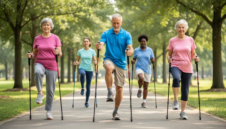 Senior woman's hands gripping walking poles on forest trail