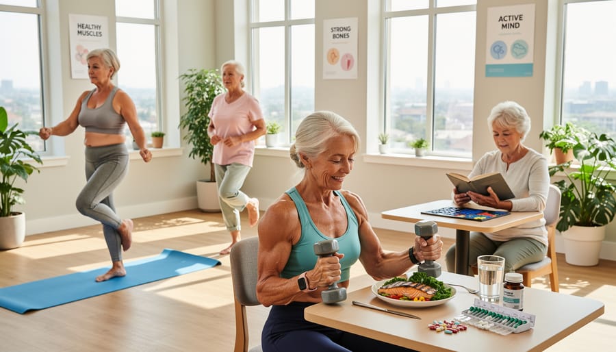 Active senior woman with protein-rich foods and water in bright kitchen setting