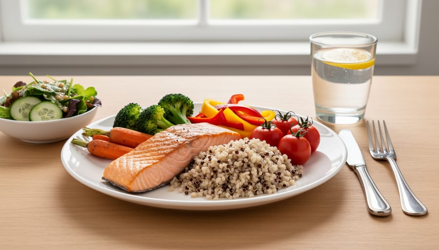 Overhead view of healthy balanced meal with salmon, vegetables, and whole grains being prepared by senior