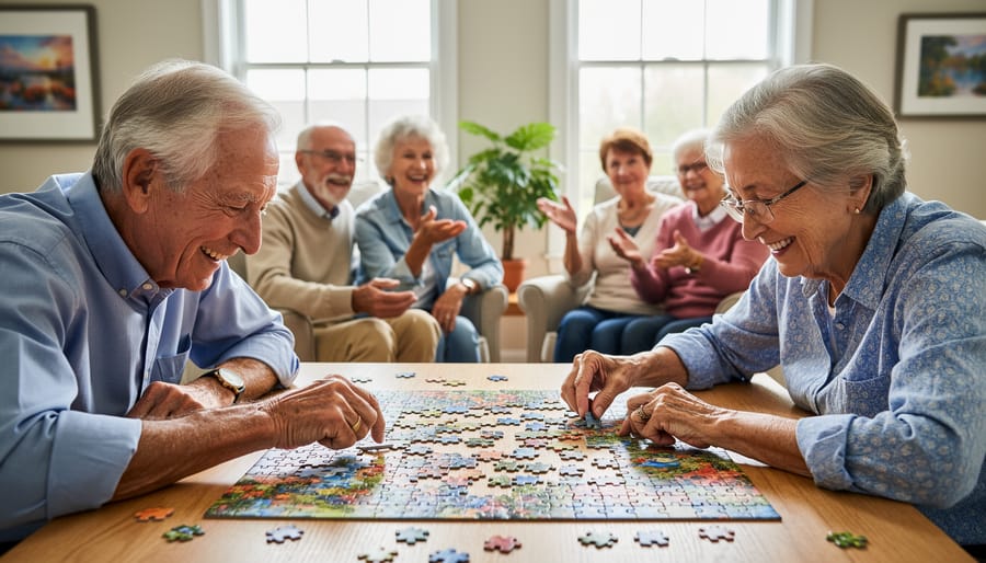 Two seniors laughing together while working on jigsaw puzzle in sunlit room