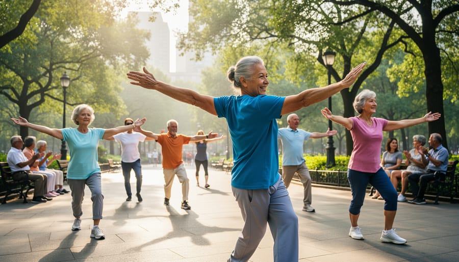 Group of diverse seniors practicing tai chi together in outdoor park setting