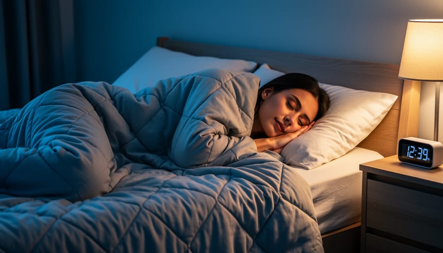 Woman sleeping peacefully under weighted blanket in dimly lit bedroom