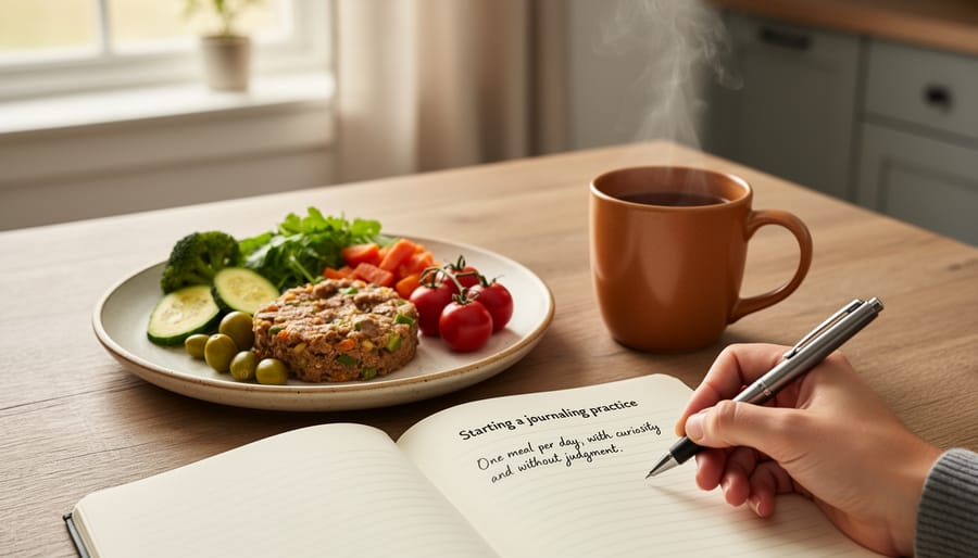 Person writing in journal at peaceful home setting with coffee cup nearby