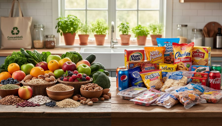 Overhead view of colorful fresh vegetables, legumes, and whole grains on wooden table