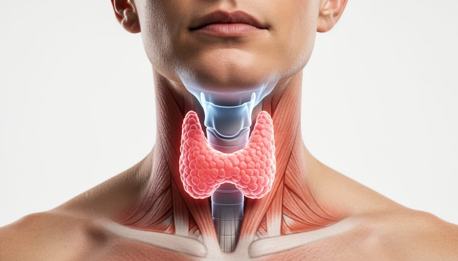 Woman touching her neck area where thyroid gland is located