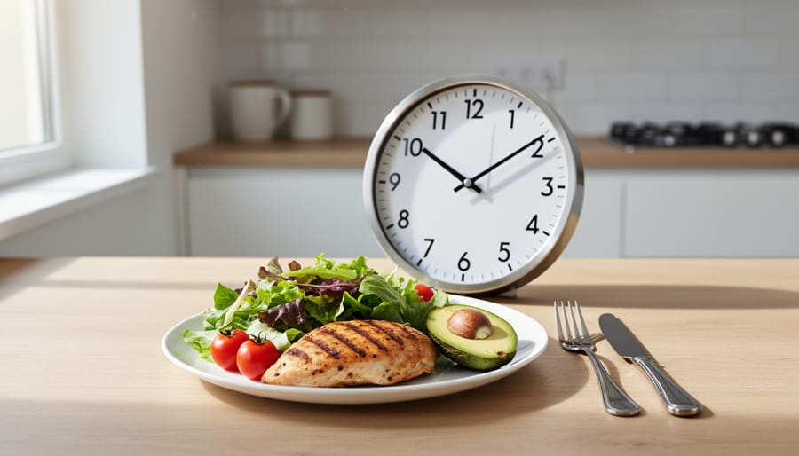 Woman checking fitness watch while holding healthy meal prep container