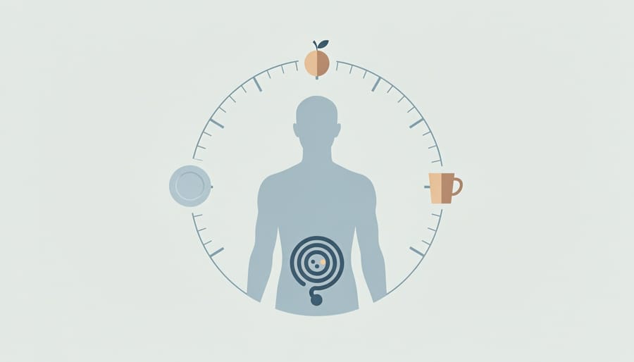 Clock surrounded by healthy breakfast foods arranged in circular pattern on white surface