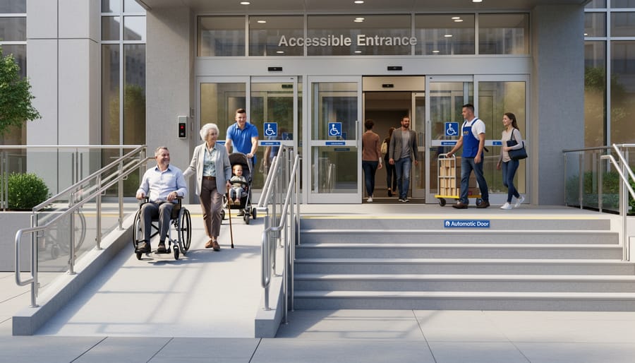Accessible community center entrance with ramp, stairs, and automatic doors serving people of all abilities