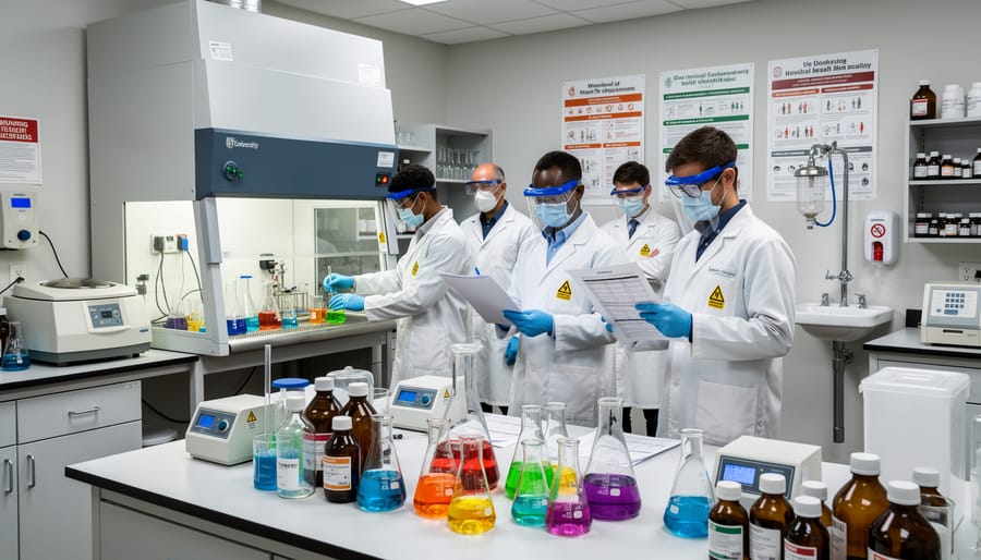 Laboratory workers in protective equipment working with scientific materials in university research facility