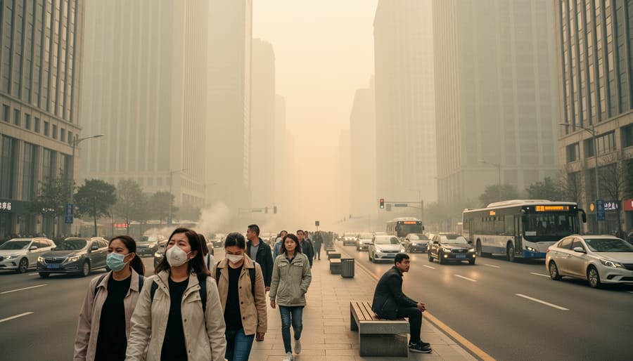 City skyline obscured by air pollution and smog creating gray haze