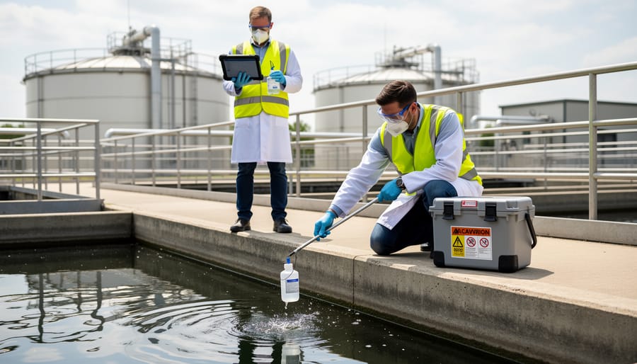 Scientist collecting wastewater sample at sewage treatment facility for COVID surveillance