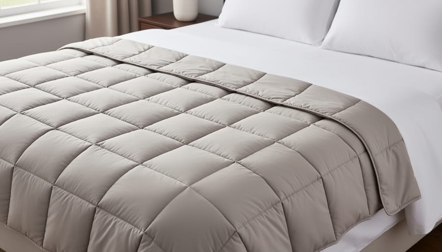Close-up of quilted weighted blanket showing diamond-stitched pattern on white bedding