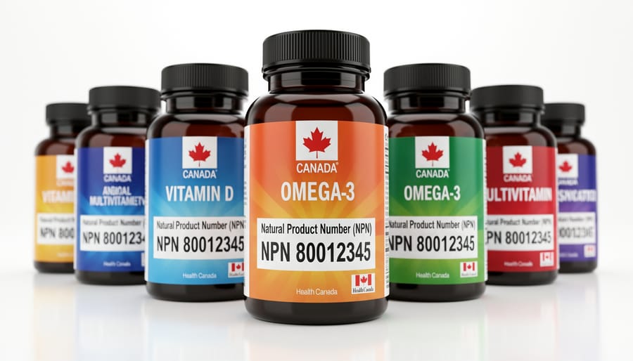 Supplement bottles with Health Canada NPN labels on marble counter