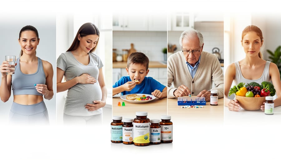 Diverse group including pregnant woman and elderly person holding multivitamins in kitchen