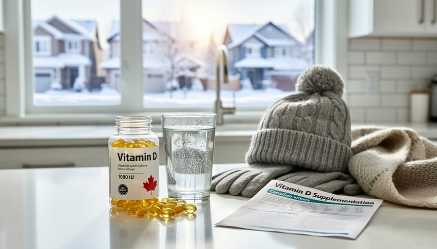 Vitamin D supplements with sunlight streaming through window in winter