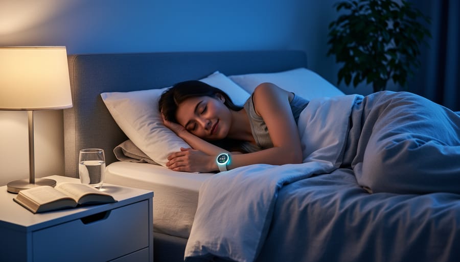 Adult sleeping peacefully in a quiet, dimly lit bedroom.