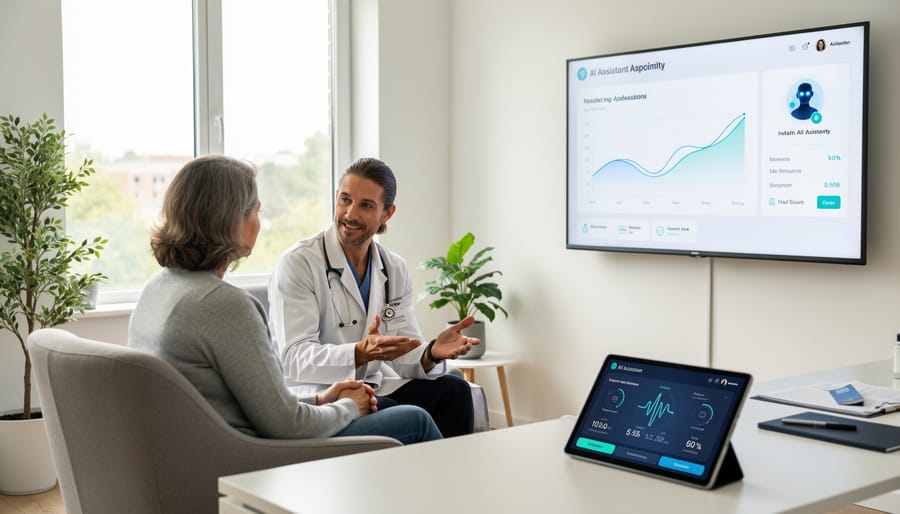 Adult using a tablet in a clinic hallway with supportive environment in the background